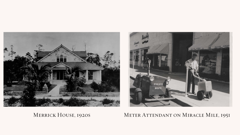 Left photo black and white of a house with a wall; right photo is a man pouring a meter's quarters into his box.